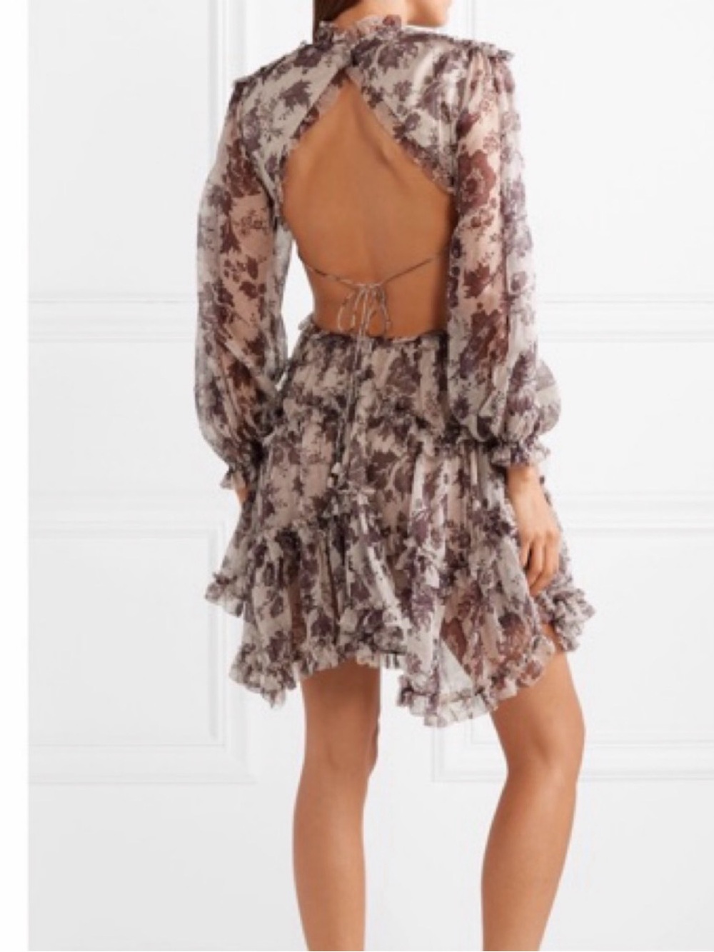 Zimmermann Taupe Floral Backless Ruffle Mini Dress